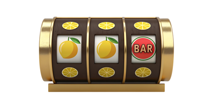 Classic slot machine with lemons and bar isolated on transparent background