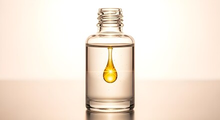 Transparent Serum Bottle with Hanging Golden Oil Drop – Glowing Light Skincare Mockup