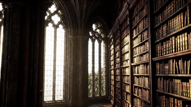 Ornate library interior sunlight