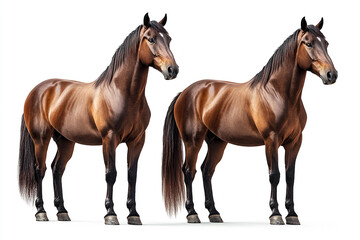Obraz premium Two Elegant Brown Horses with Black Manes and Tails Standing on White Background