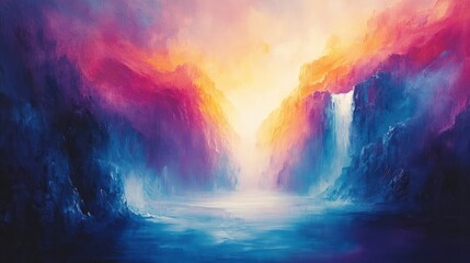 Colorful, vibrant, surreal landscape with a waterfall