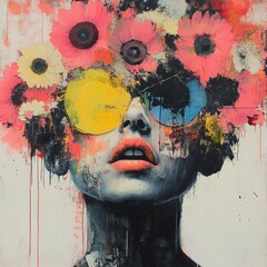 Colorful woman with flowers and sunglasses