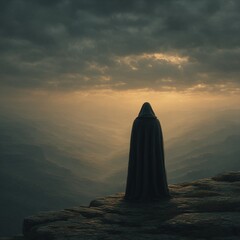 A lone, cloaked figure stands silhouetted on a rocky cliff overlooking a vast, misty mountain range at sunrise.