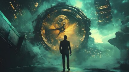 Man Facing Giant Clock in Futuristic Cityscape - Powered by Adobe