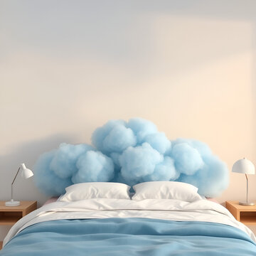 The bedstand in a fluffy blue cloud symbolises good sleep and a serene sky setting.