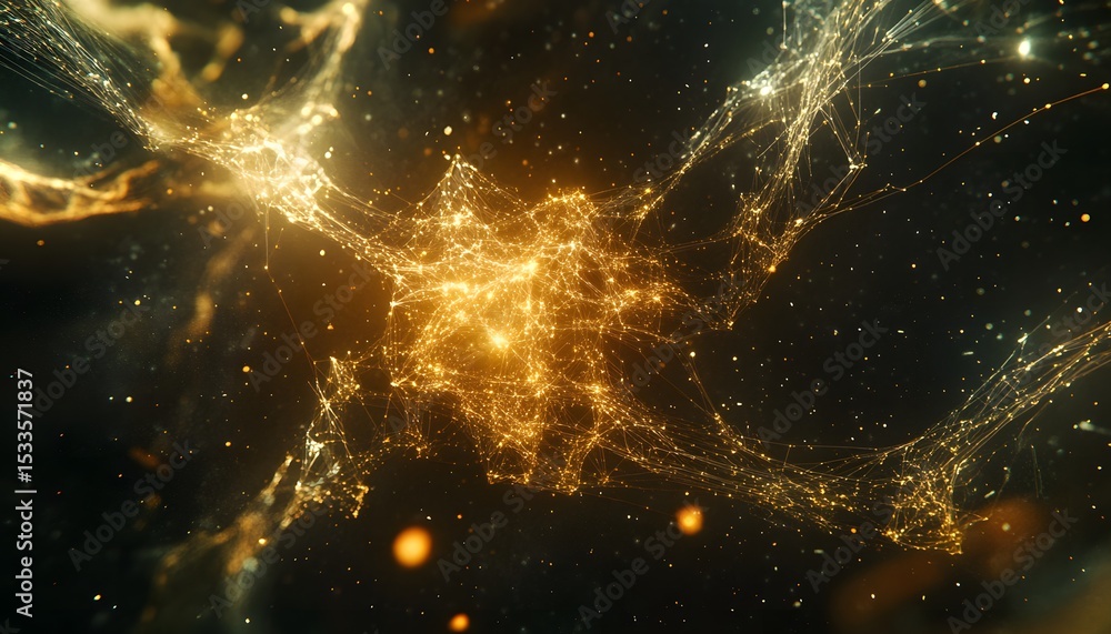 Poster abstract network of golden light patterns against a dark background.