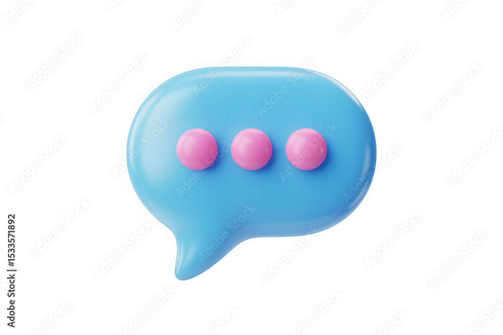 Poster 3d render of a glossy blue speech bubble with pink loading dots