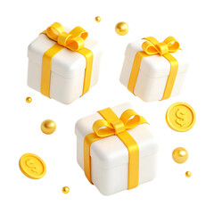 Three white gift boxes with yellow ribbons isolated on transparent background