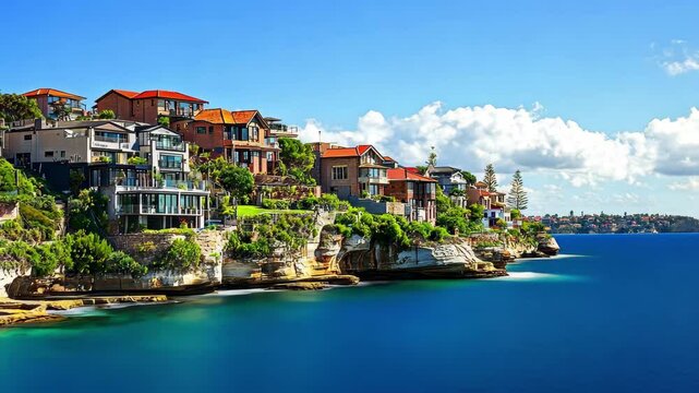 Stunning seaside view of residential buildings in the Sydney Bronte district under clear blue skies, Sydney Bronte district view from seaside Residential houses on ocean cliff