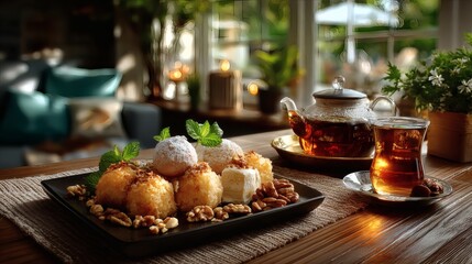 Elegant golden tray holding powdered kahk and nut-filled pastries, paired with a clear teapot filled with amber tea and matching cups on a linen placemat 
