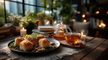 Elegant golden tray holding powdered kahk and nut-filled pastries, paired with a clear teapot filled with amber tea and matching cups on a linen placemat 