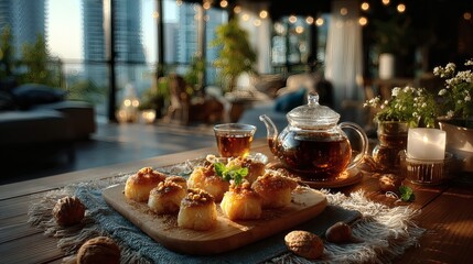 Elegant golden tray holding powdered kahk and nut-filled pastries, paired with a clear teapot filled with amber tea and matching cups on a linen placemat 