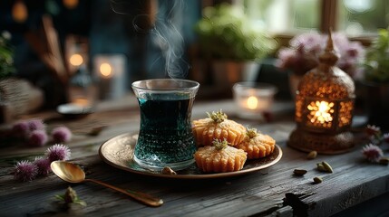 Close-up of Eid pastries on gold tray with visible texture, next to golden spoon and steaming tea in a glass with ornate holder 