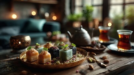 Beautifully arranged sweets on a round golden tray, with metal Arabic-style teapot and colorful tea glasses on marble background 