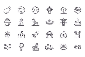 Amusement park and carnival icon set. vector line icons of rides, games, food, circus tents, balloons, and entertainment symbols