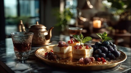 Beautifully arranged sweets on a round golden tray, with metal Arabic-style teapot and colorful tea glasses on marble background 