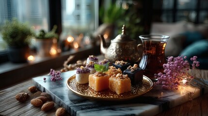 Beautifully arranged sweets on a round golden tray, with metal Arabic-style teapot and colorful tea glasses on marble background 