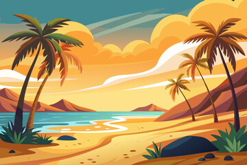 Obraz premium Tropical paradise beach with palm trees, blue sky, and ocean waves