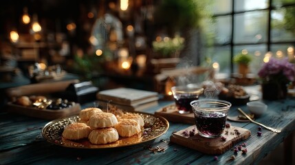 Vintage tea setting with golden tray of delicately baked cookies, clear glass teacups with steam, and wooden coasters 