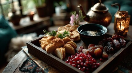 Symmetrical layout of golden tray with crescent-shaped cookies, dried fruits, and antique tea kettle on patterned carpet 