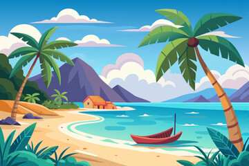 Obraz premium Tropical island paradise with palm trees on a sandy beach by the clear sea