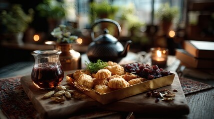Symmetrical layout of golden tray with crescent-shaped cookies, dried fruits, and antique tea kettle on patterned carpet 