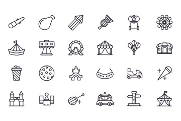 Amusement park and carnival icon set. vector line icons of rides, games, food, circus tents, balloons, and entertainment symbols