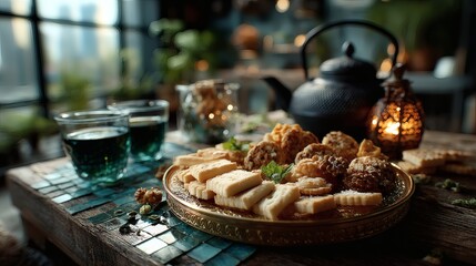 Golden tray centered on a mosaic tile table, filled with assorted cookies and next to a small ornate tea kettle and two glass cups of hot mint tea 