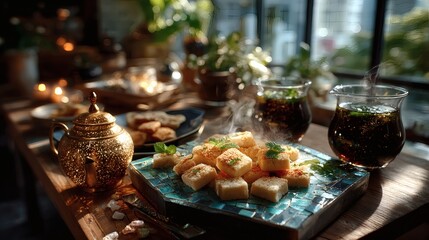Golden tray centered on a mosaic tile table, filled with assorted cookies and next to a small ornate tea kettle and two glass cups of hot mint tea 