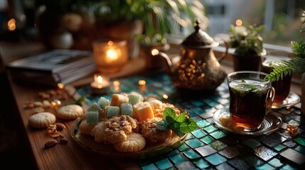 Golden tray centered on a mosaic tile table, filled with assorted cookies and next to a small ornate tea kettle and two glass cups of hot mint tea 
