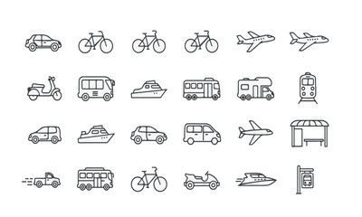 Diverse Thin Line Transportation Icons Set