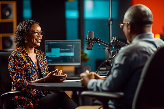 African American podcaster chatting with a guest in a professional studio setting, radiating warmth and charisma