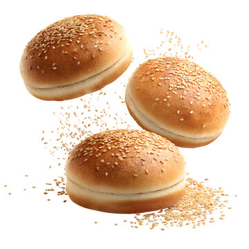 Delicious sesame seed burger buns floating against a dark backdrop perfect for food advertising and culinary concepts isolated on white transparent background PNG cutout