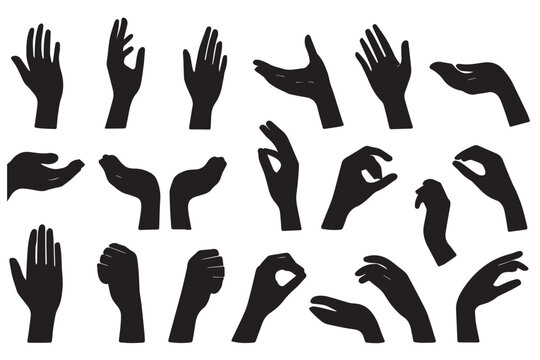 various hand gestures in silhouette form, showcasing diverse positions and movements such as open, fist, and hand signs, ideal for icon sets