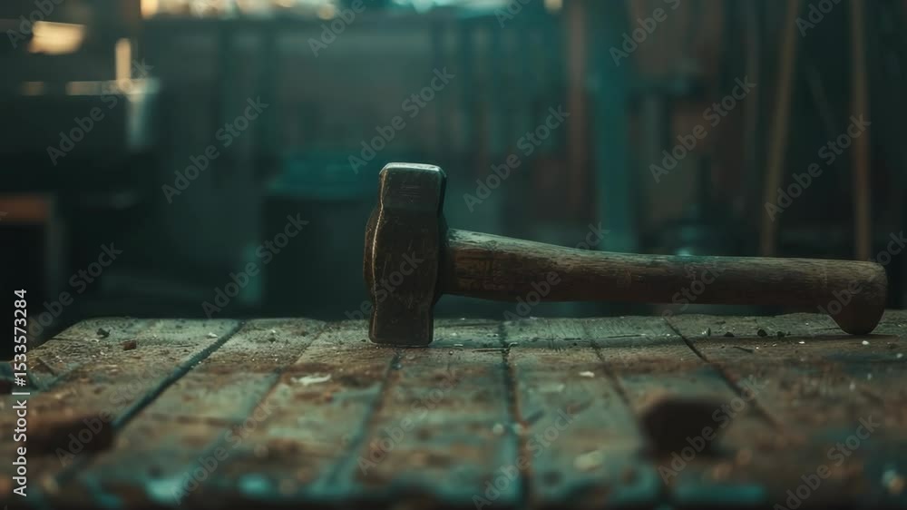 Leinwandbilder a hammer resting on a wooden table, suitable for use in various settings such as workshops or home i