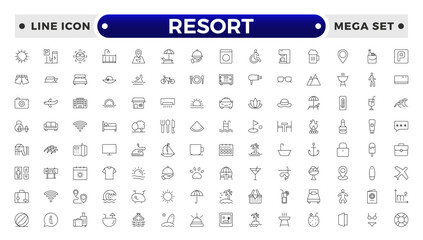 Resort Hotel web icons in outline style. Wellness, beach, tourism, hotel, passport, maps, spa, landscape, camera. Icon collection.