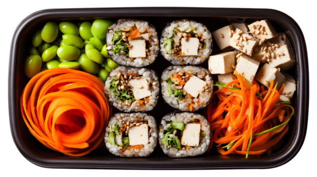 Delicious vegan sushi bento box with tofu carrot noodles and edamame bean offering a healthy meal option for japanese cuisine lovers - Powered by Adobe