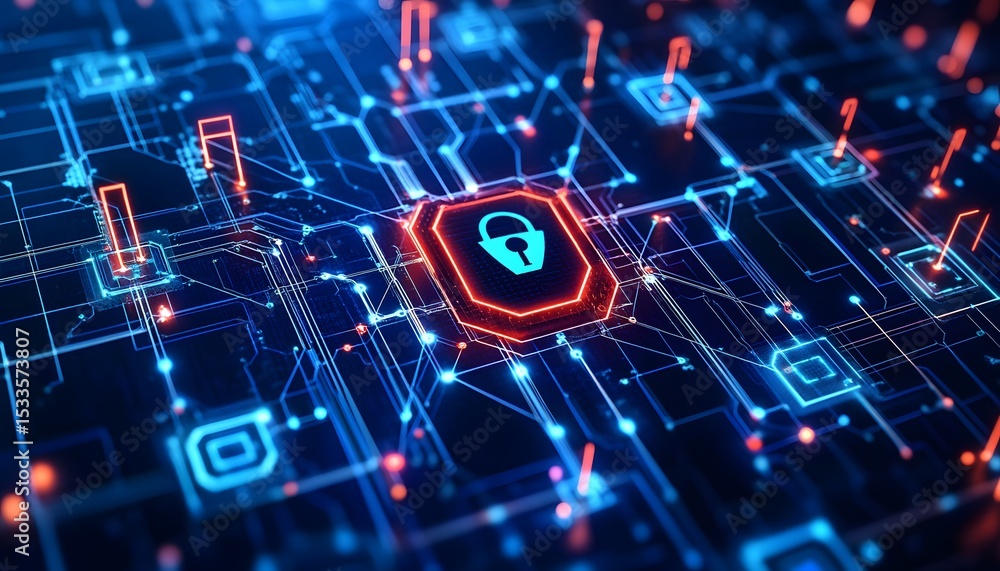 Poster digital circuit board with a security lock icon.
