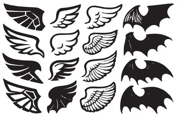 Fototapeta premium wing and bat wing designs in black, featuring different styles of angel and bat wings; line art icon set