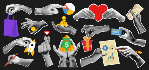 Set of halftone hand or arm gesture with love, money and business success symbol. Retro torn paper sticker with marketing or finance idea and startup innovation concept. Y2k doodle infographic icon.