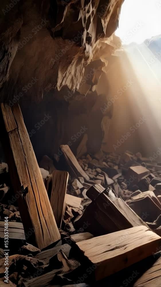 Poster rays of light flood down into a cave filled with jagged rocks and lumber, creating a moody, surreal 