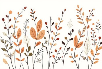 Naklejka premium Abstract botanical doodles; earthy tones, primitive floral shapes, trendy leaves, contemporary wallpaper, home decor print, wall art, leaves, pattern design
