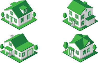 Isometric vector illustration of residential houses with green rooftops, modern suburban home exterior set, eco-friendly architecture design with garage, trees, flat vector illustration