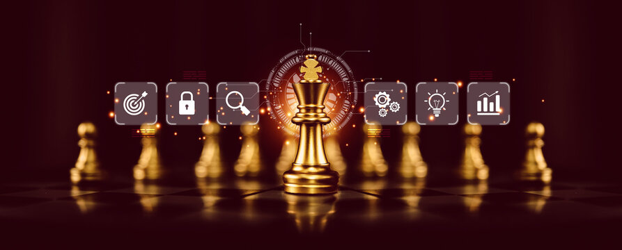 King chess standing with human resources icons for leadership strategic planning and winner strategy or wining challenge of team player or business teamwork and organization management.