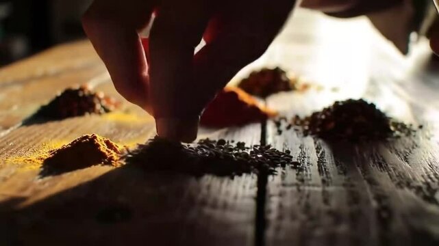 Assorted spices on a wooden surface
