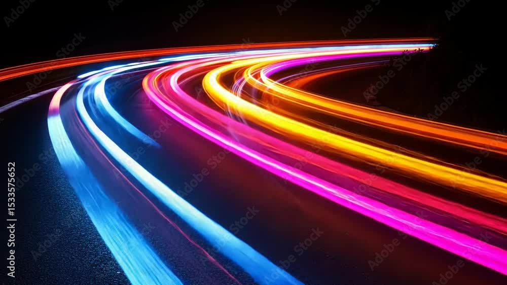 Poster colorful light trails create a mesmerizing abstract pattern at night, showcasing speed and motion.