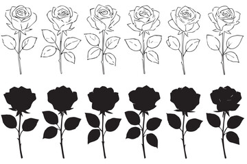rose icons featuring both outlined and solid rose designs in different angles, simple and elegant illustrations, line art icon set