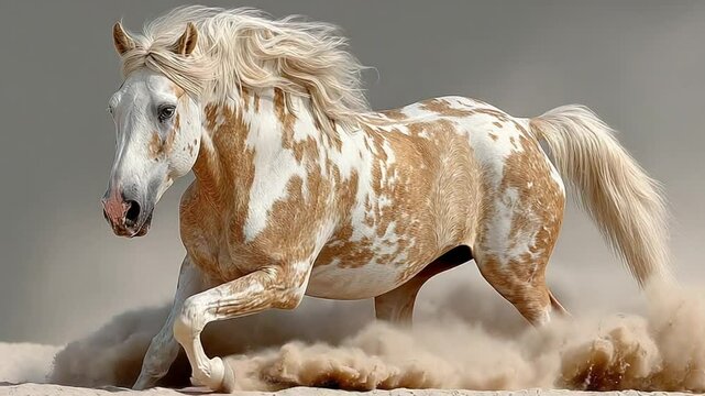 Magnificent horse running through the desert sand in slow motion sequence