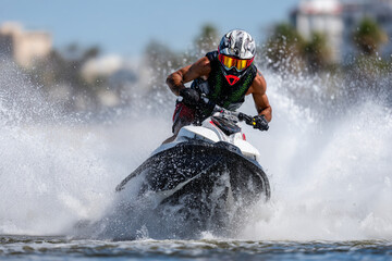 Naklejka premium Jet surfer speeding across the water, water spray, futuristic board, adrenaline and power, action shot, 