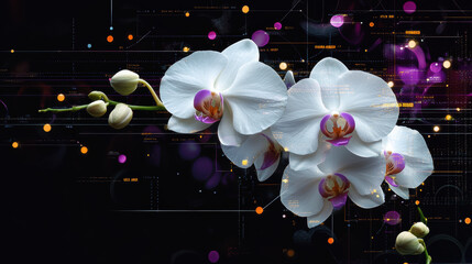 White orchids gracefully bloom against dark, digital inspired background, creating striking contrast. delicate petals and vibrant centers of flowers are highlighted by abstract geometric patterns